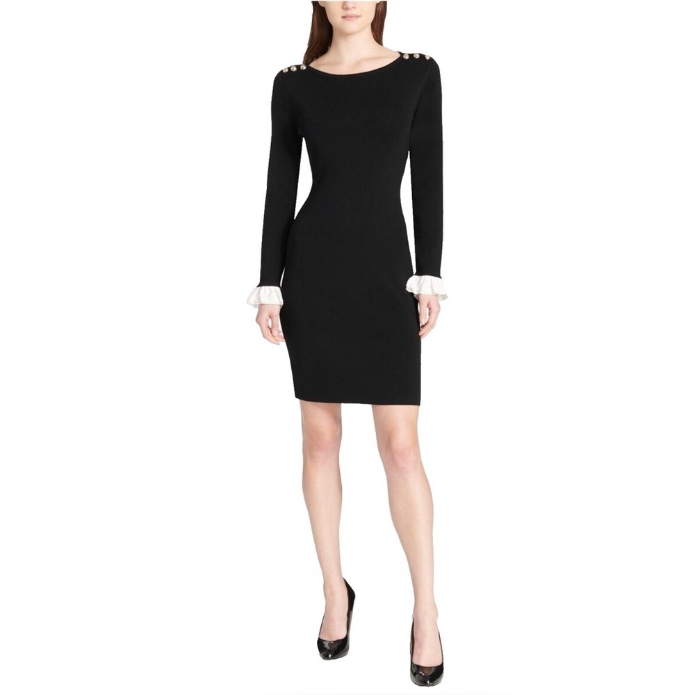 Tommy Hilfiger Women Black White Ruffle Cuffs Stretch Knit Sweater Dress Size M